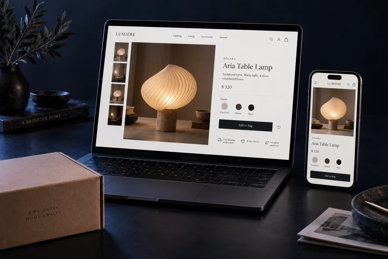 Concepto de tienda online de iluminación, con experiencia de compra en computador y celular